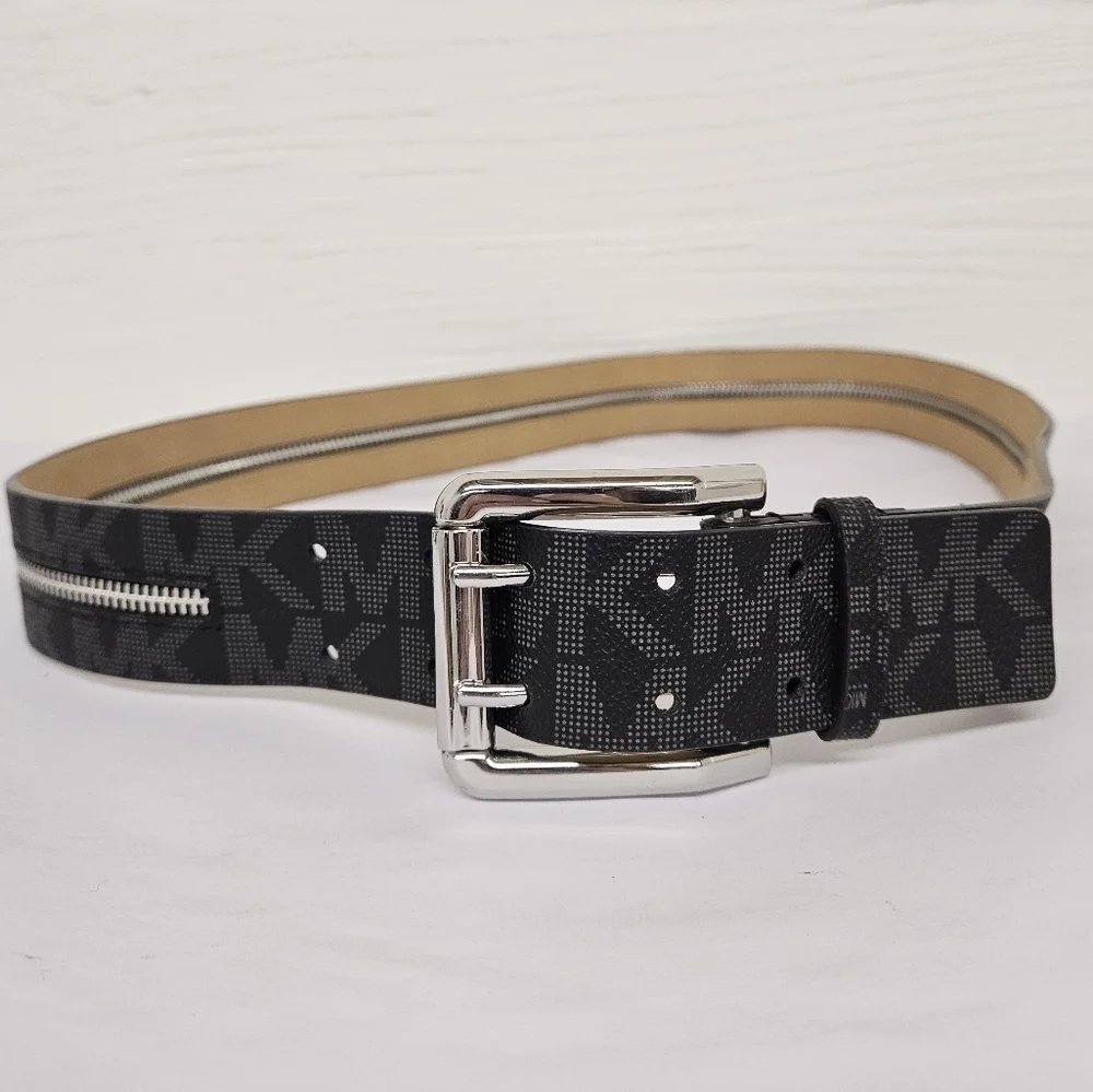 MICHAEL Michael Kors Black Monogram Zippered Belt Silver Tone Buckle Size Large
